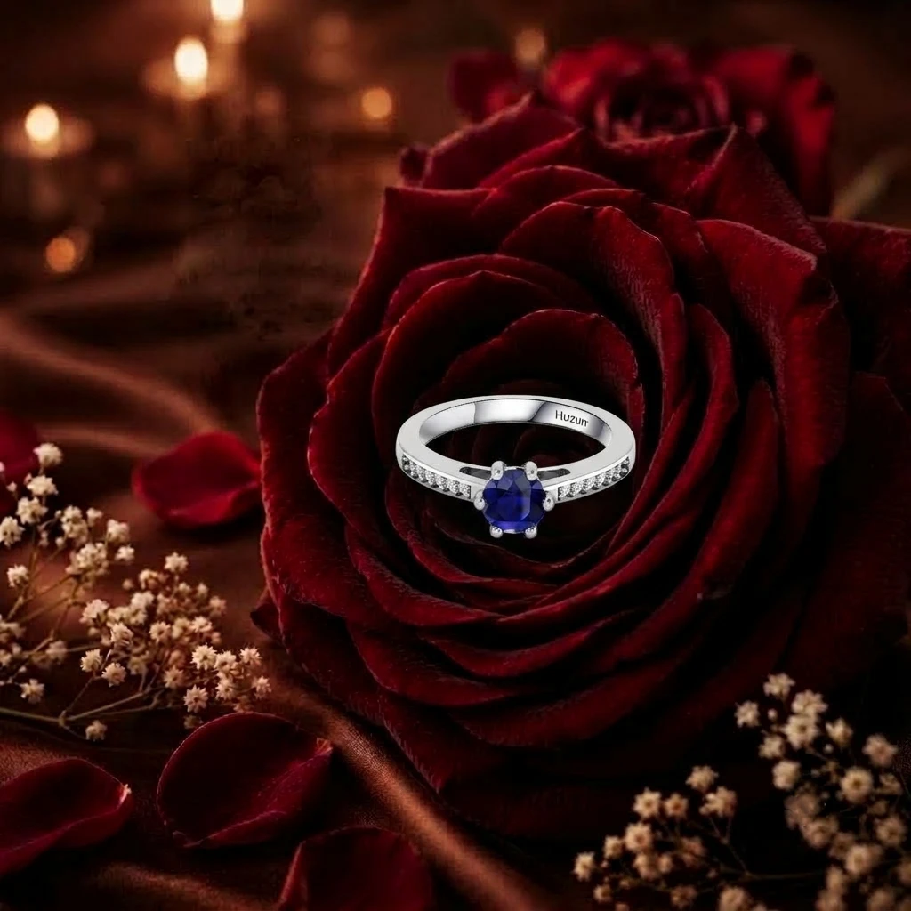 Round blue sapphire solitaire ring with diamond accented silver band