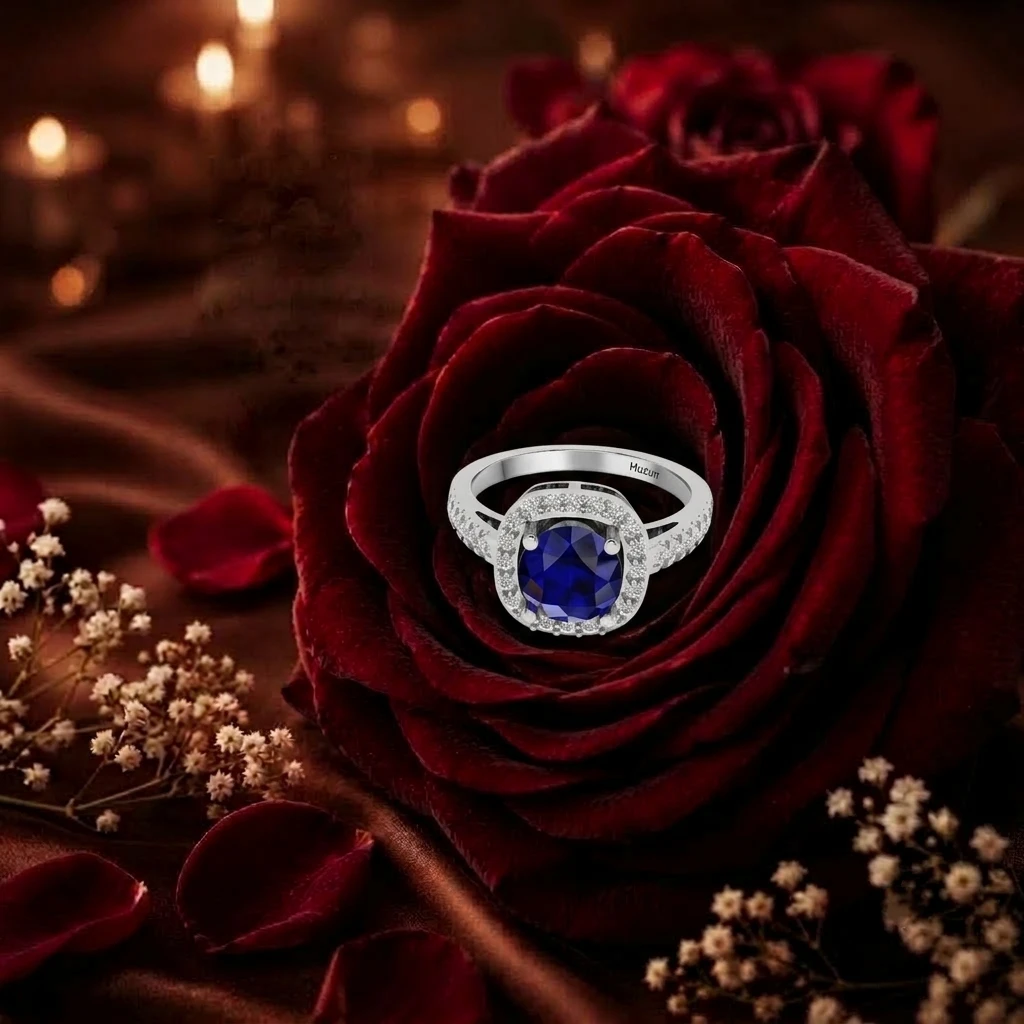 Round blue sapphire ring with a diamond halo square on a silver band