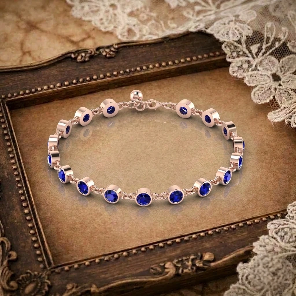 Bezel set round cut blue sapphire station chain link bracelet in rose gold plated metal with a lobster clasp closure