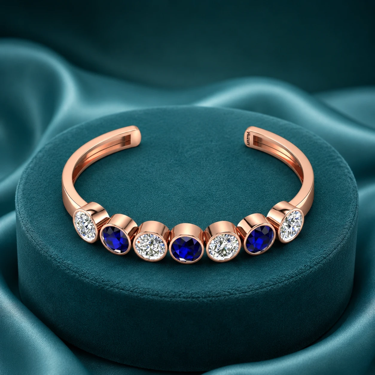 Round diamond & blue sapphire 7 stone cuff bracelet set with rose gold plating