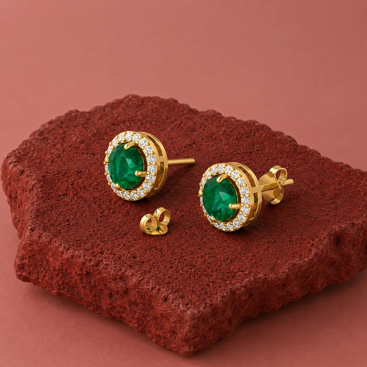 Round Emerald & Diamond Halo Gold Filled Stud Earrings