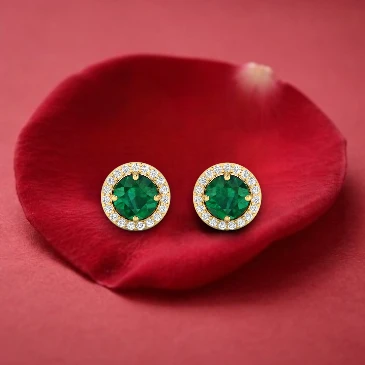 Round Emerald & Diamond Halo Gold Filled Stud Earrings