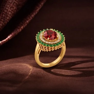 Round Garnet Emerald & Diamond Cocktail Ring