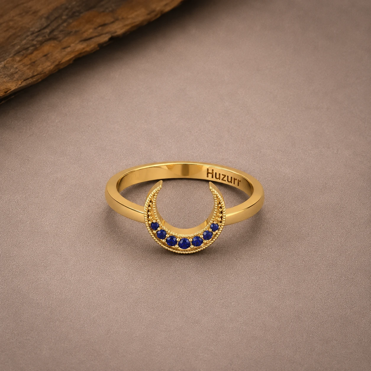 Round Lab Created Blue Sapphire Crescent Moon Ring