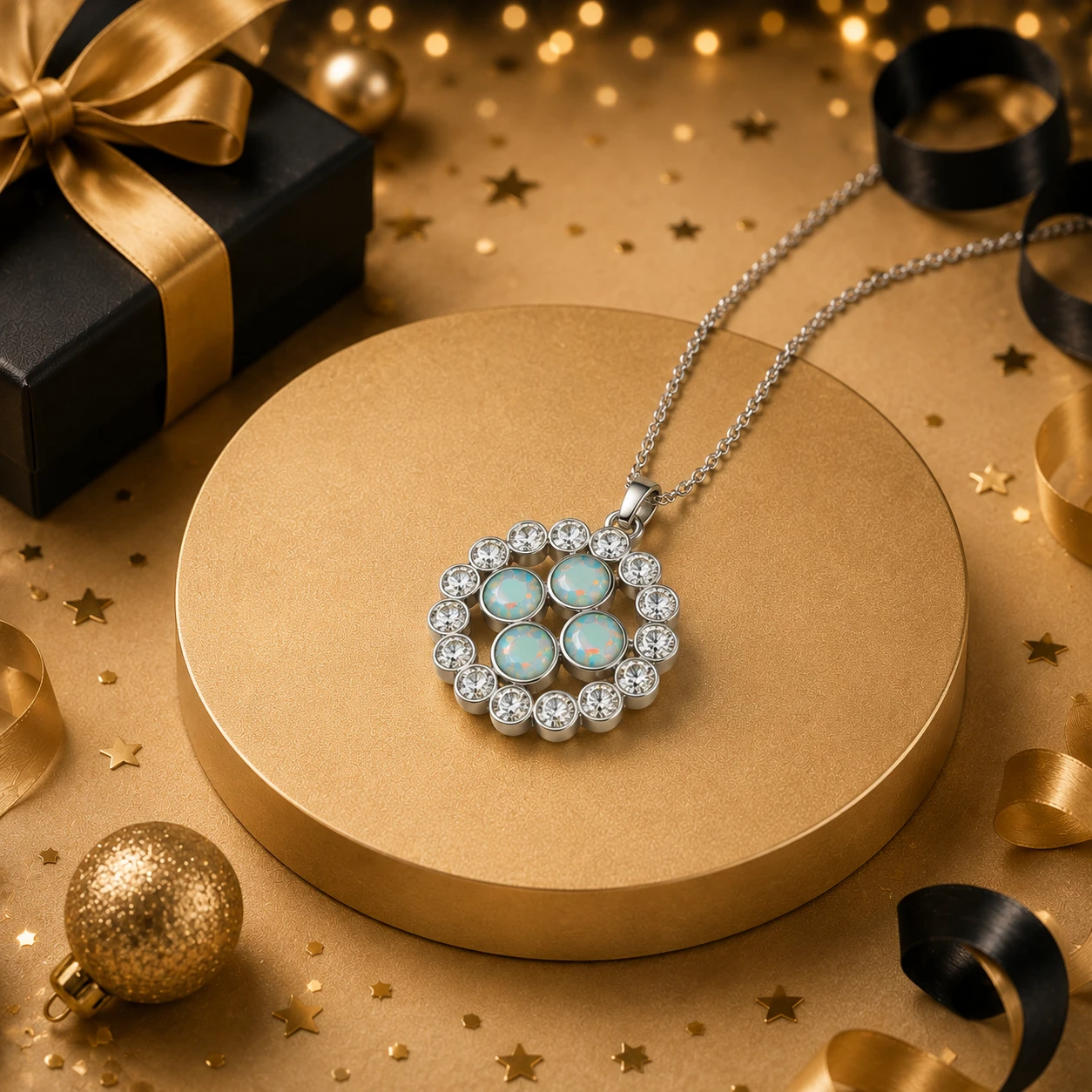 Four round multi color fire opals clustered inside a continuous circular bezel halo of diamonds on a silver cable chain