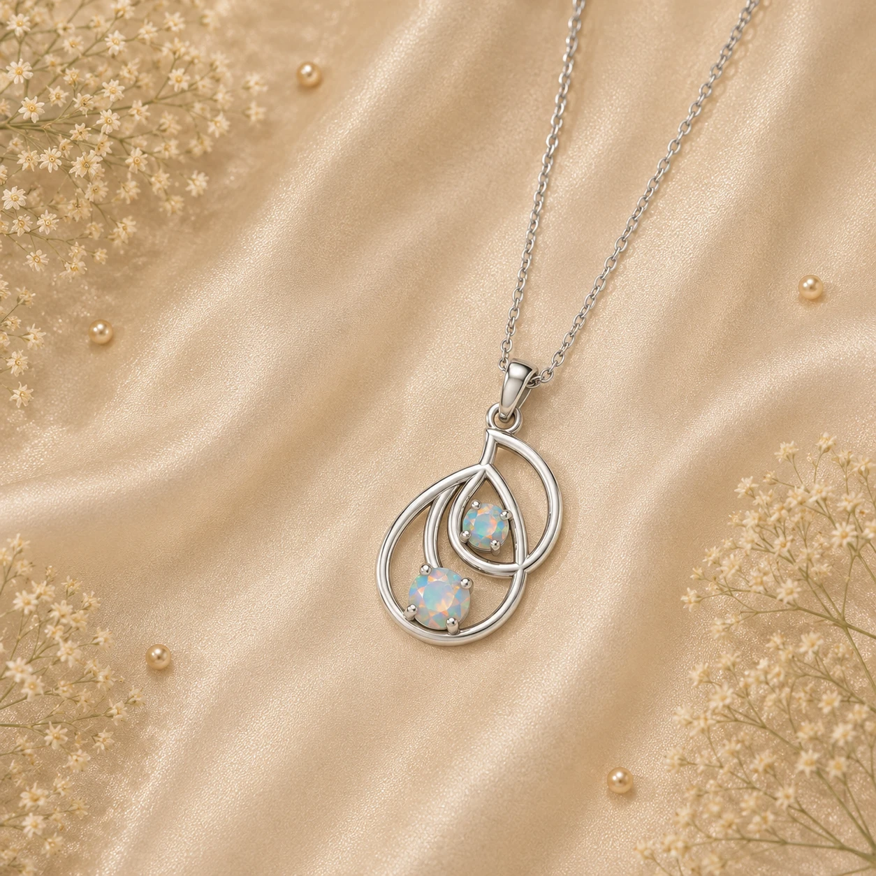 Two round opals in double up teardrop style pendant necklace made of sterling silver