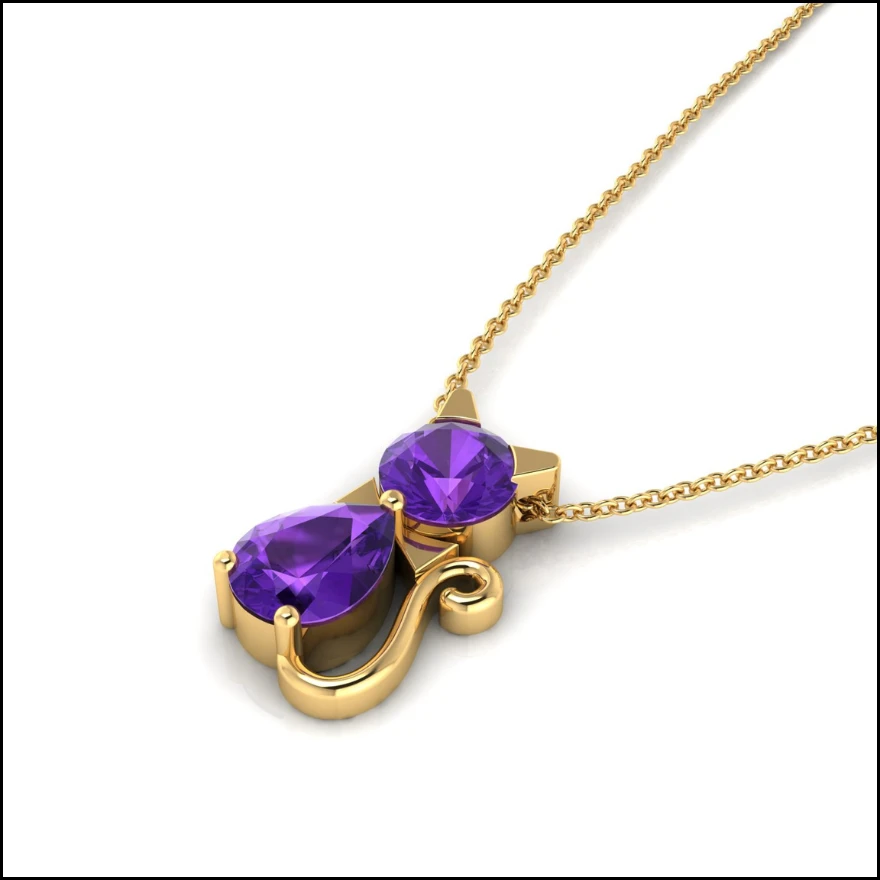 Cat charm pendant necklace with round and pear cut purple amethyst gemstones in gold plating