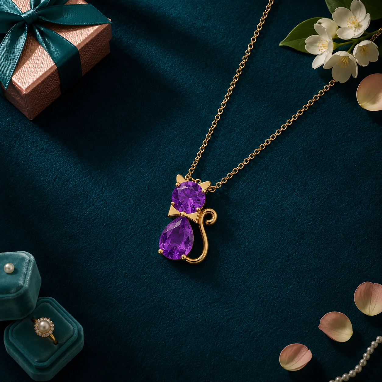 Round pear-cut amethyst cat charm pendant with an elegant gold plated finish