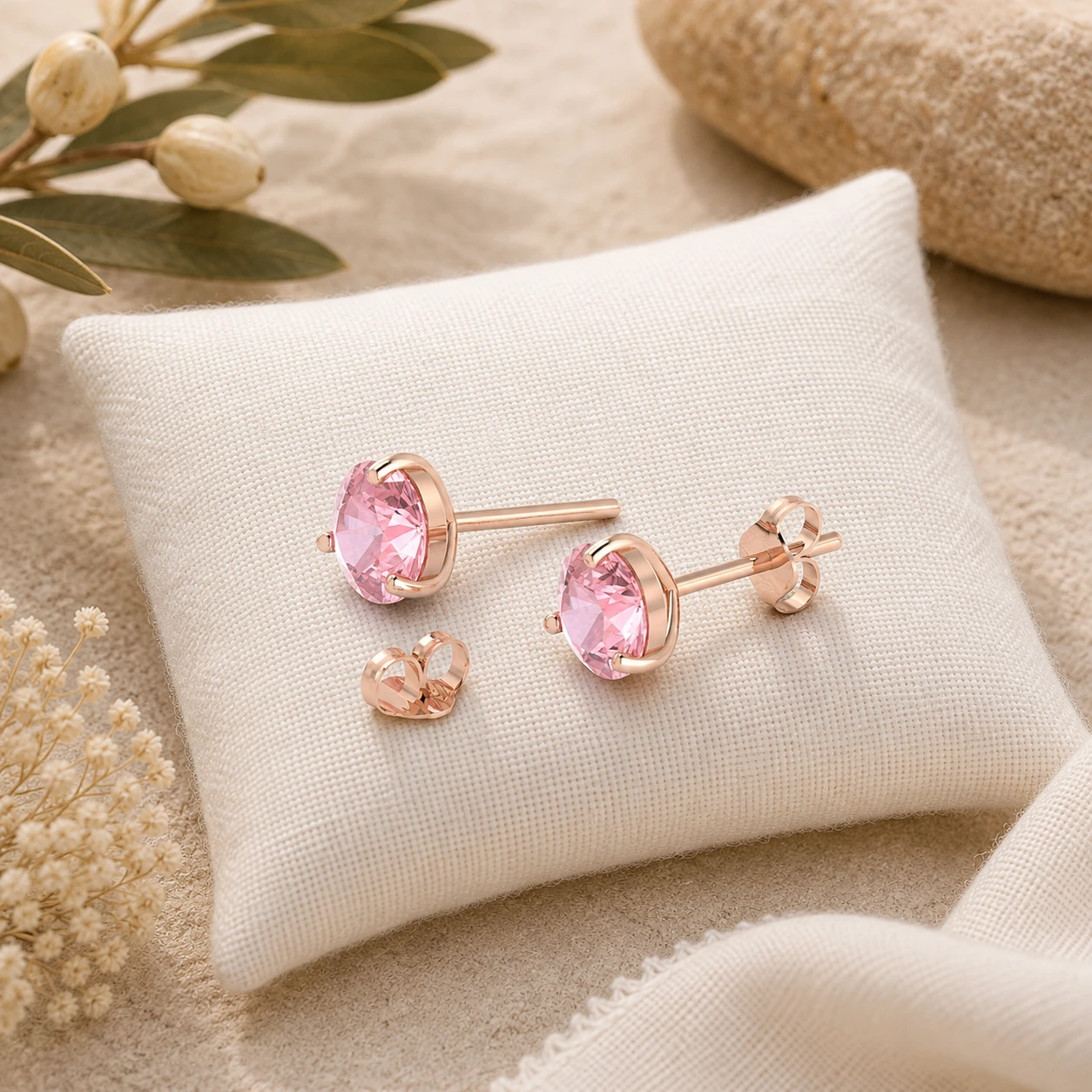 Pink round morganite solitaire stud earrings, securely set in a rose gold-plated setting.