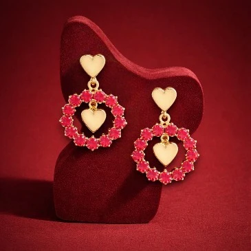 Round Ruby Heart Drop Earrings