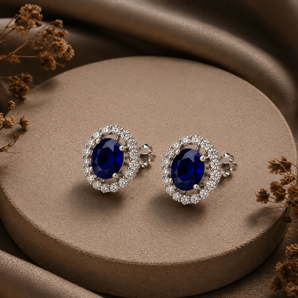 Oval blue sapphire gemstones are surrounded by sparkling diamond accents