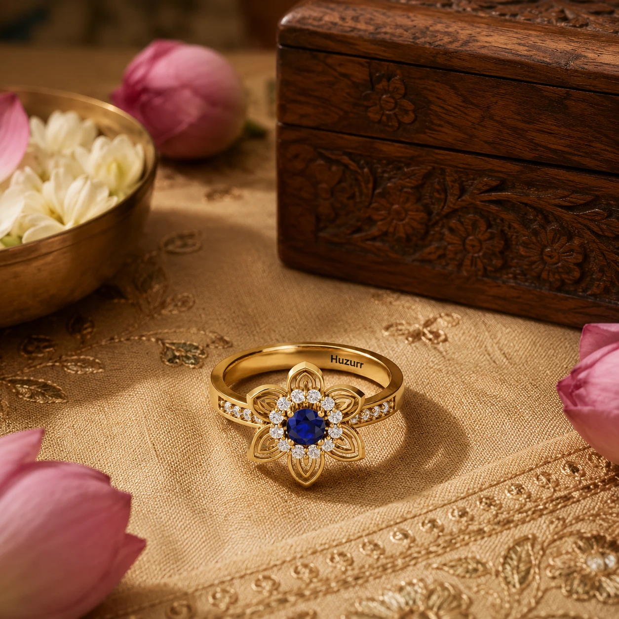 Rose gold plated heirloom ring featuring a blue sapphire center stone inside a diamond lotus bloom