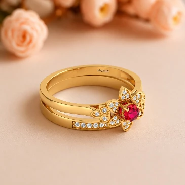 Flower Double Band Ruby & Diamond Gold Plated Cocktail Ring