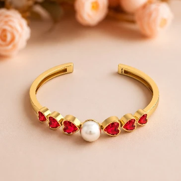 Freshwater Pearl & Heart-Cut Ruby Gold Plated Cuff Bracelet