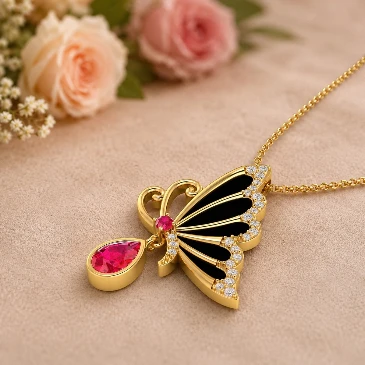 Ruby Gold Plated Black Enamel Butterfly Pendant