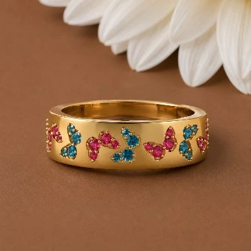 Blue Diamond And Ruby Butterfly Gold Plated Band Ring