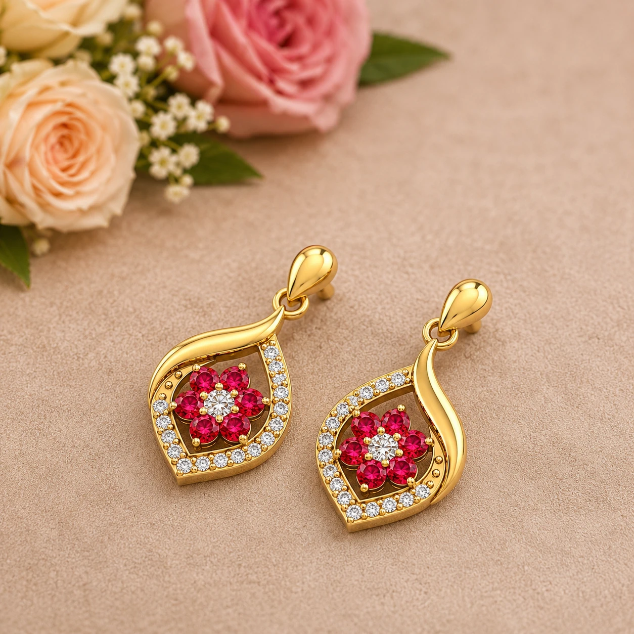 Gold Plated Ruby Classic Flower Drop Earrings
