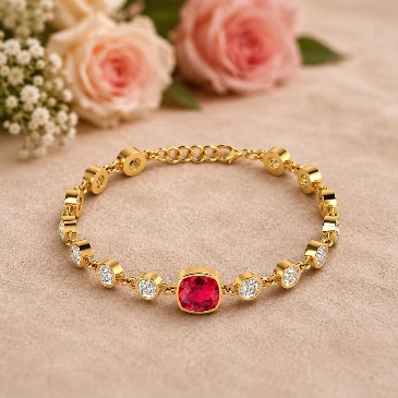 Cushion Square Ruby & Diamond Gold Plated Yard Chain Bracelet
