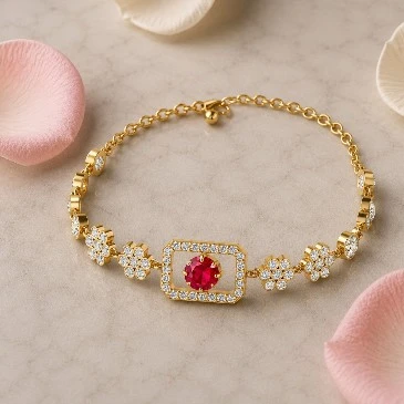 Gold Ruby Flower Chain Tennis Diamond Bracelet
