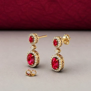 Ruby Dangle Gold Plated Earrings with Diamond Halo