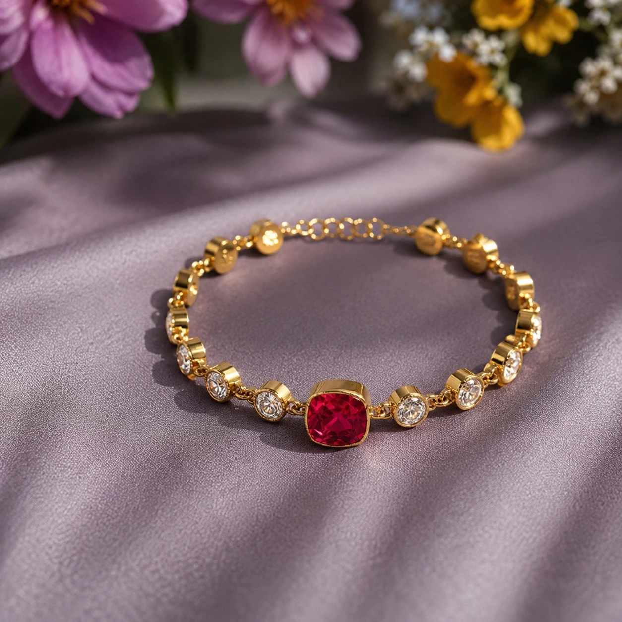 Cushion Square Ruby & Diamond Gold Filled Yard Chain Bracelet