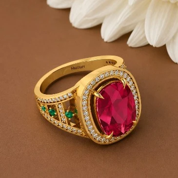 Cushion Ruby & Emerald Gold Plated Solitaire Ring