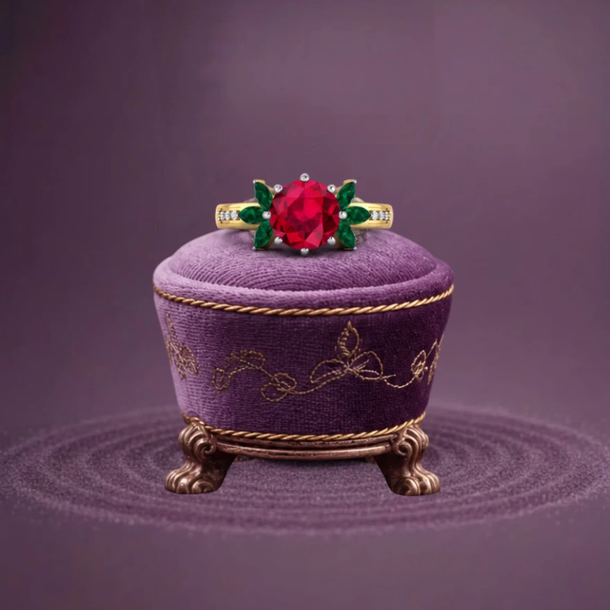 Vibrant red ruby center gemstone with green emerald leaf accents on a two-tone floral gold-plated ring