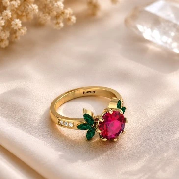 Ruby & Emerald Flower Gold Plated Solitaire Ring