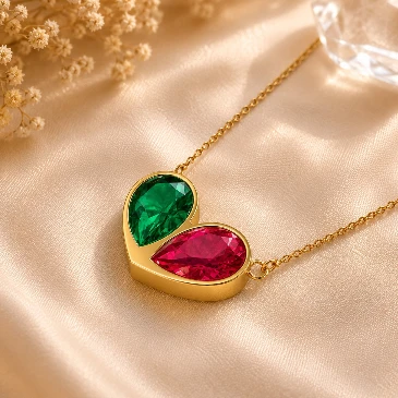 Emerald And Ruby Gold Plated Two Halves, One Heart Pendant