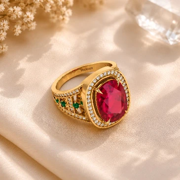 Cushion Ruby & Emerald Gold Plated Solitaire Ring