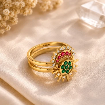 Emerald & Ruby Gold Plated Sun & Moon Double Band Cocktail Ring