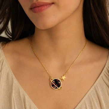 Ruby Black Enamel Star Saturn Pendant