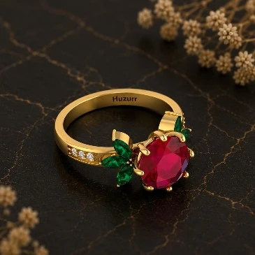 Ruby & Emerald Flower Gold Plated Solitaire Ring