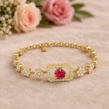 Gold Plated Ruby Flower Chain Tennis Diamond Bracelet
