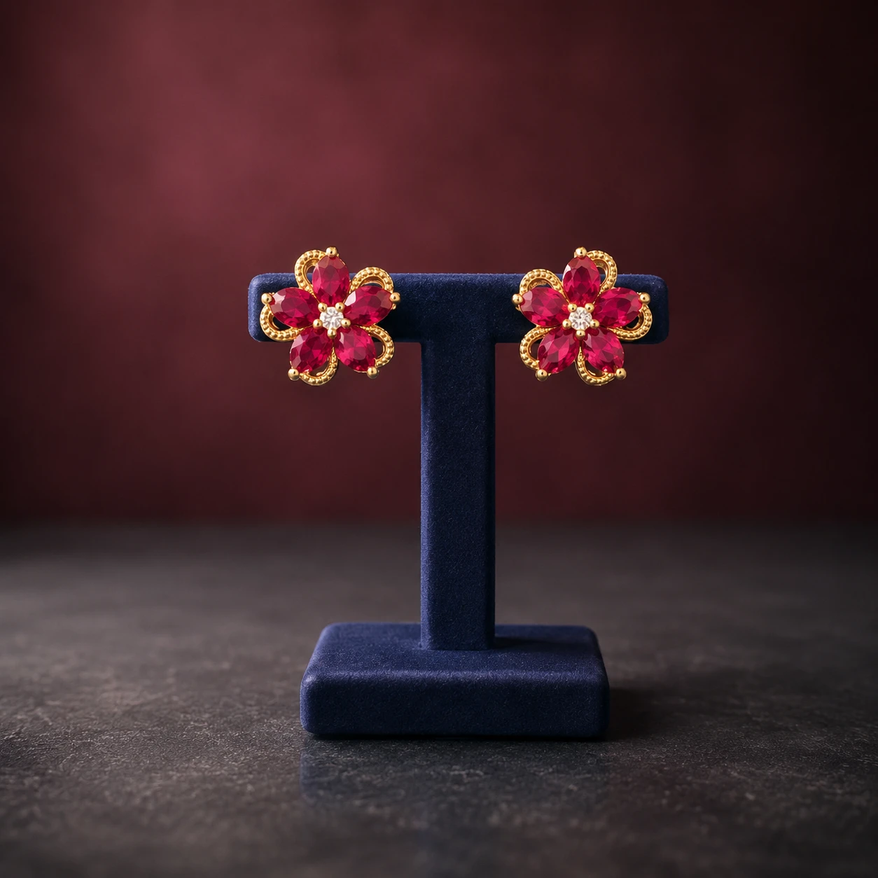 Pear-Cut Floral Ruby Studs Earrings
