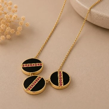 3 Marvelous Medallion Round Ruby Black Enamel Gold Plated Pendant