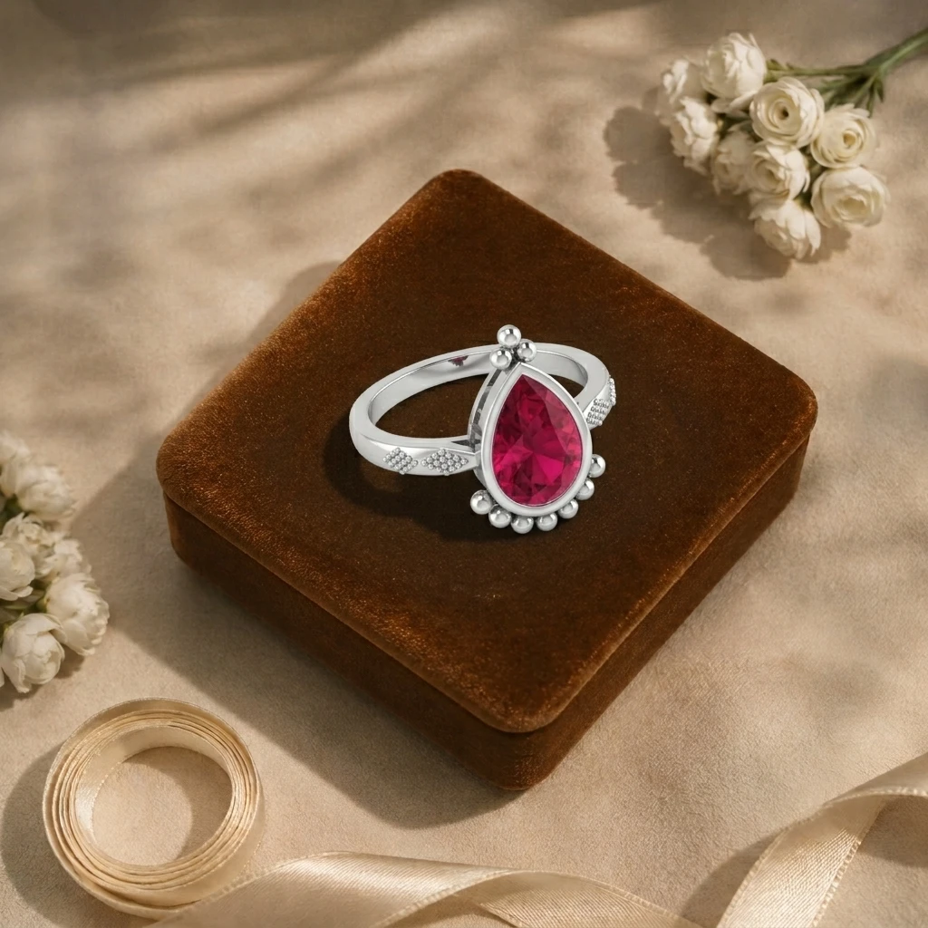 Beaded silver halo ring framing a vibrant teardrop pear-cut ruby gemstone
