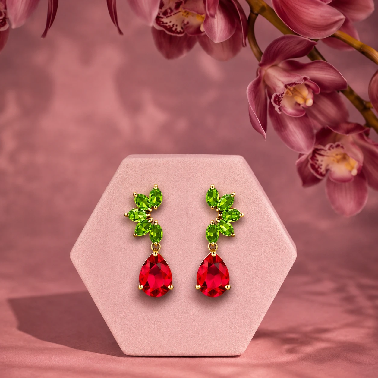 Ruby & Peridot Tear Drop Earrings