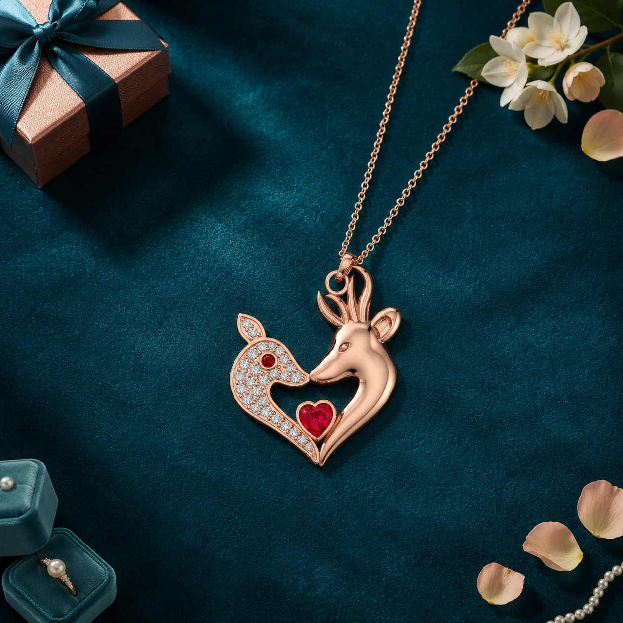 Ruby rose gold plated heart pendant with graceful doe and buck design
