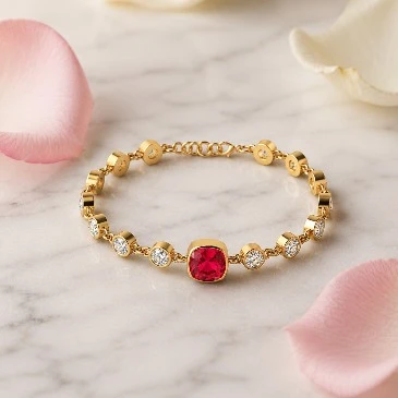 Cushion Ruby Diamond Gold Chain Bracelet