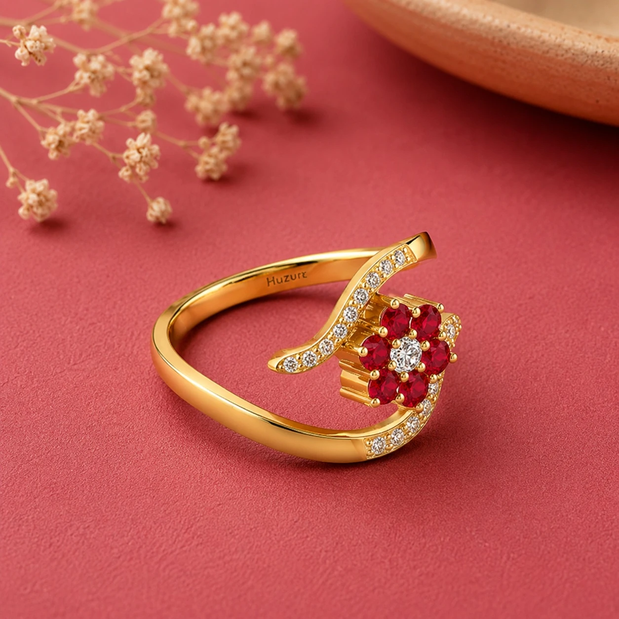 Round Ruby Gold Filled Solitaire Flower Ring