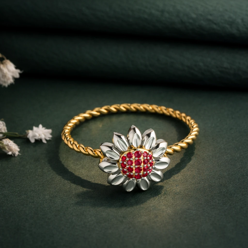 ruby sunflower twist band ring in two tone