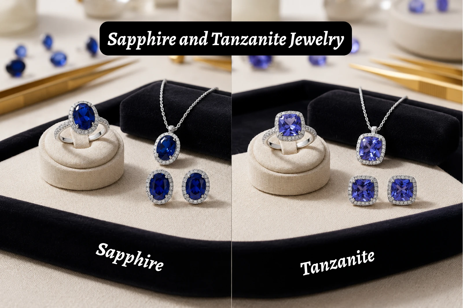 Sapphire vs Tanzanite Jewelry collection including Ring, Necklace, and Earrings