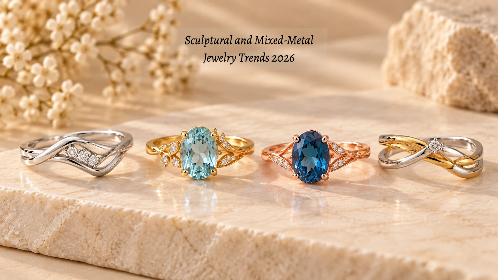 Sculptural mixed-metal jewelry featuring realistic silver, gold and rose-gold rings
