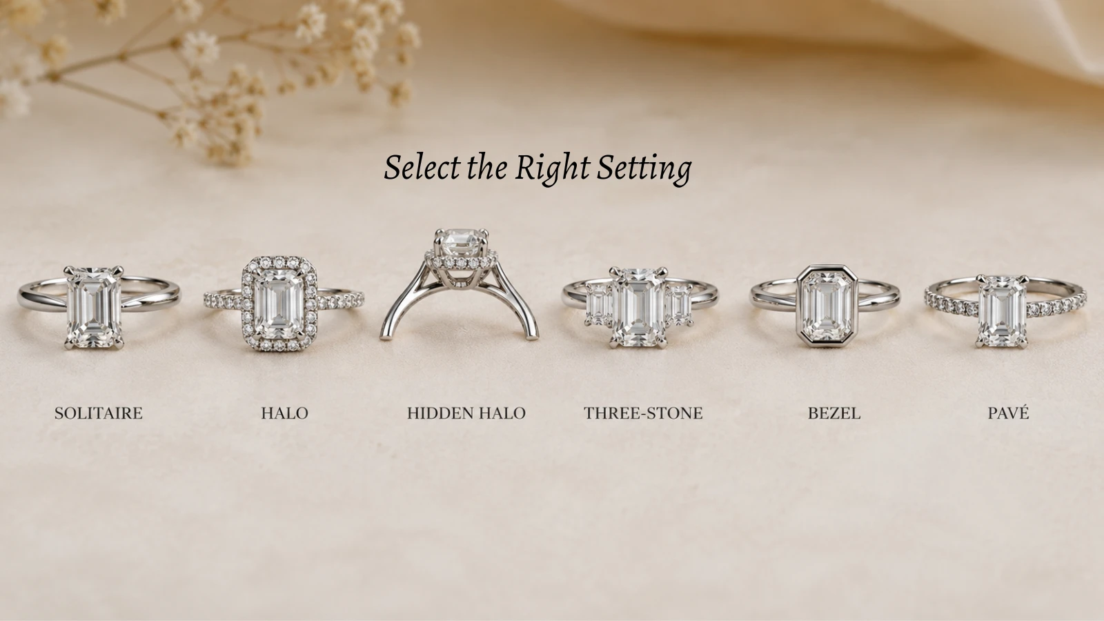 Select the right engagement ring settings including solitaire, halo, hidden halo, three-stone, bezel, and pavé