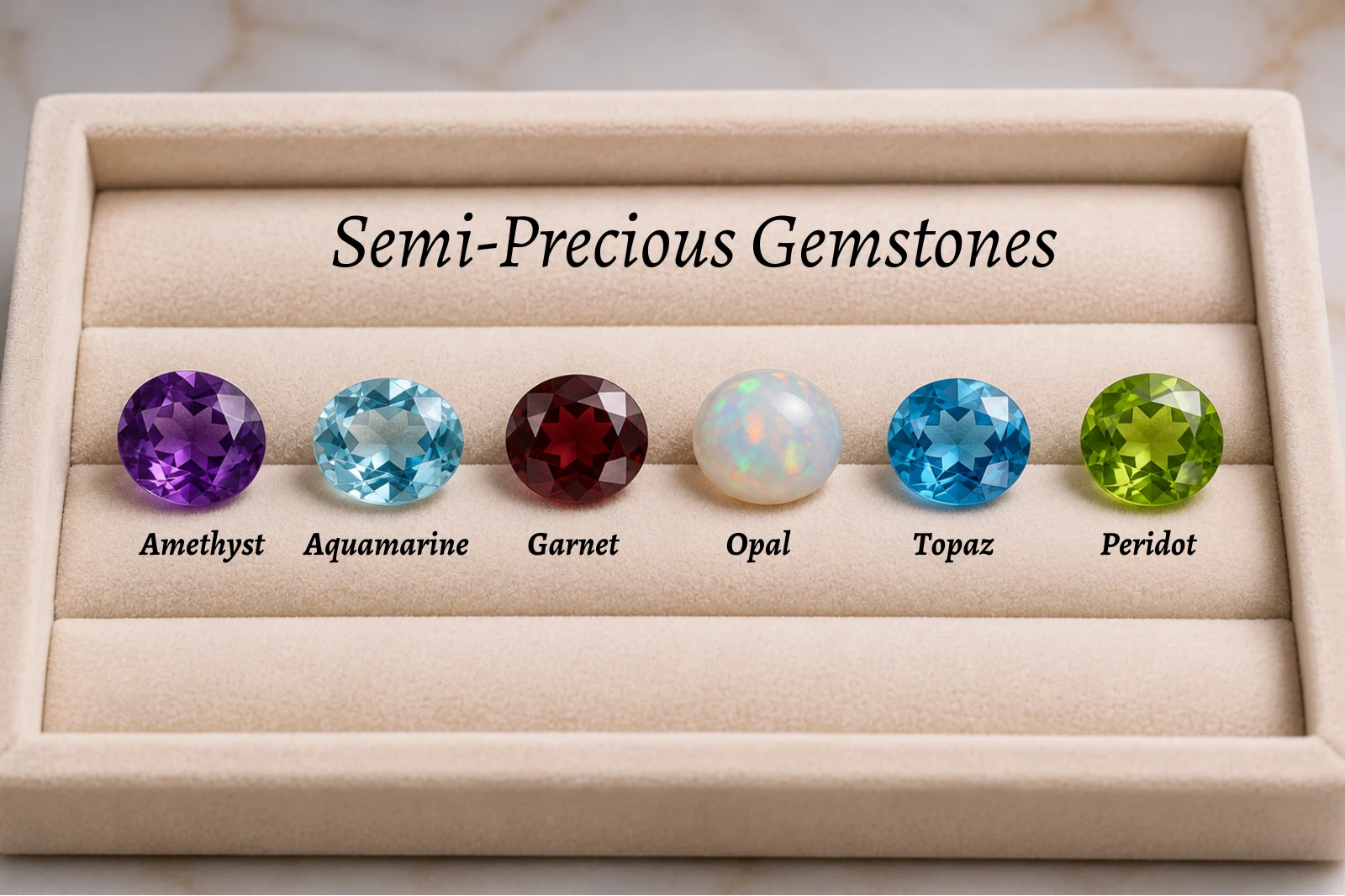 Semi-precious gemstones including amethyst, aquamarine, garnet opal, topaz and peridot
