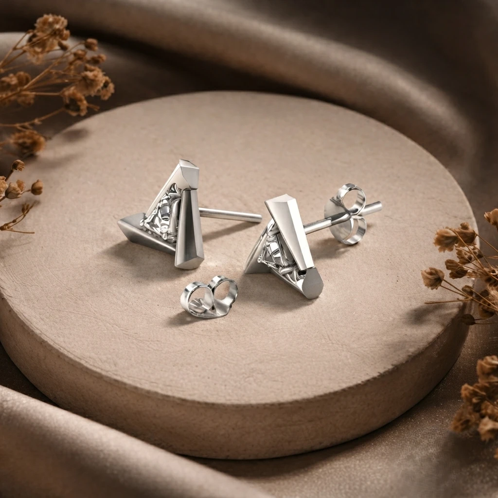 trillion cut diamond studs in fine 925 sterling silver settings