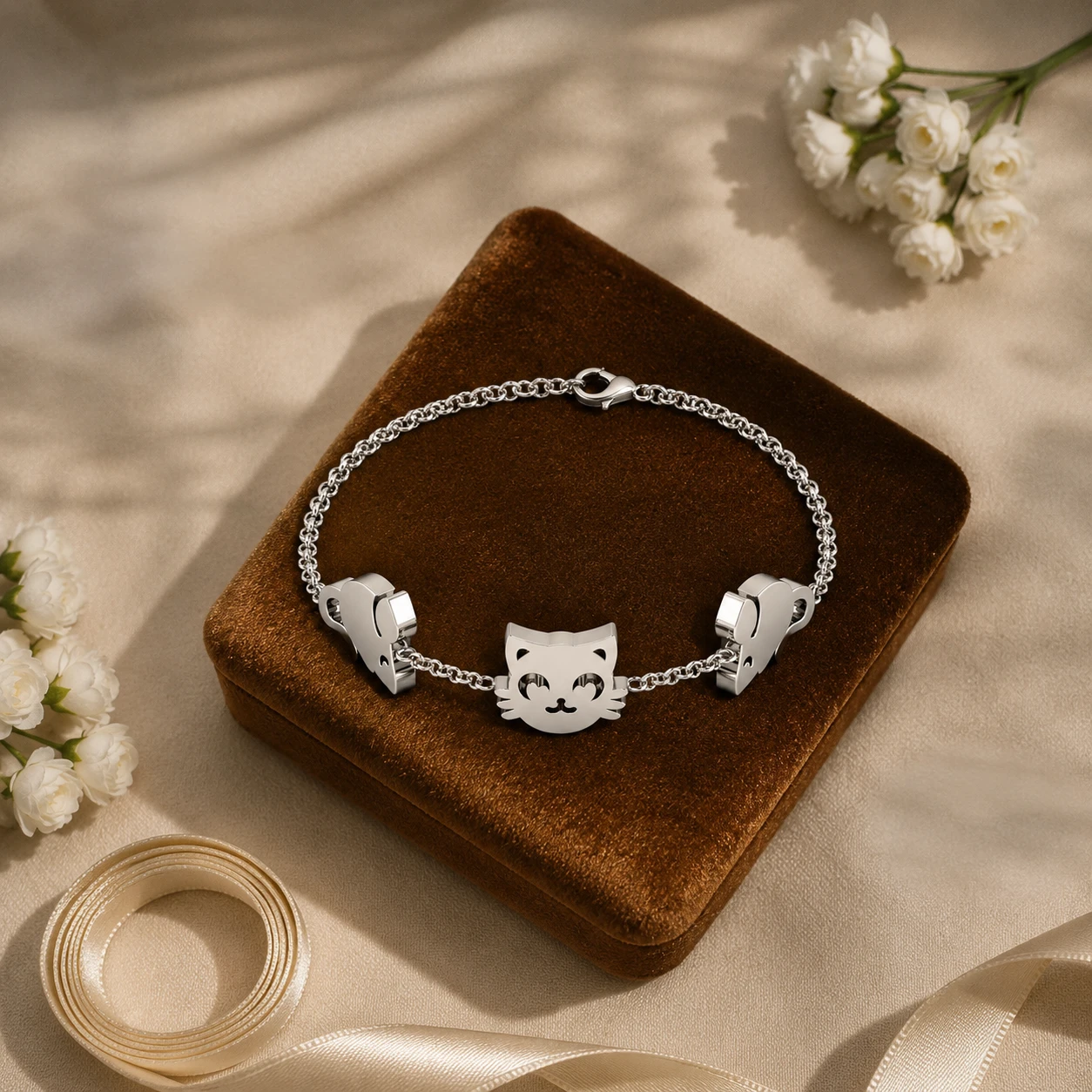Sterling silver chain-link bracelet featuring animal charms, with a cat's face in the center and mice on either side.
