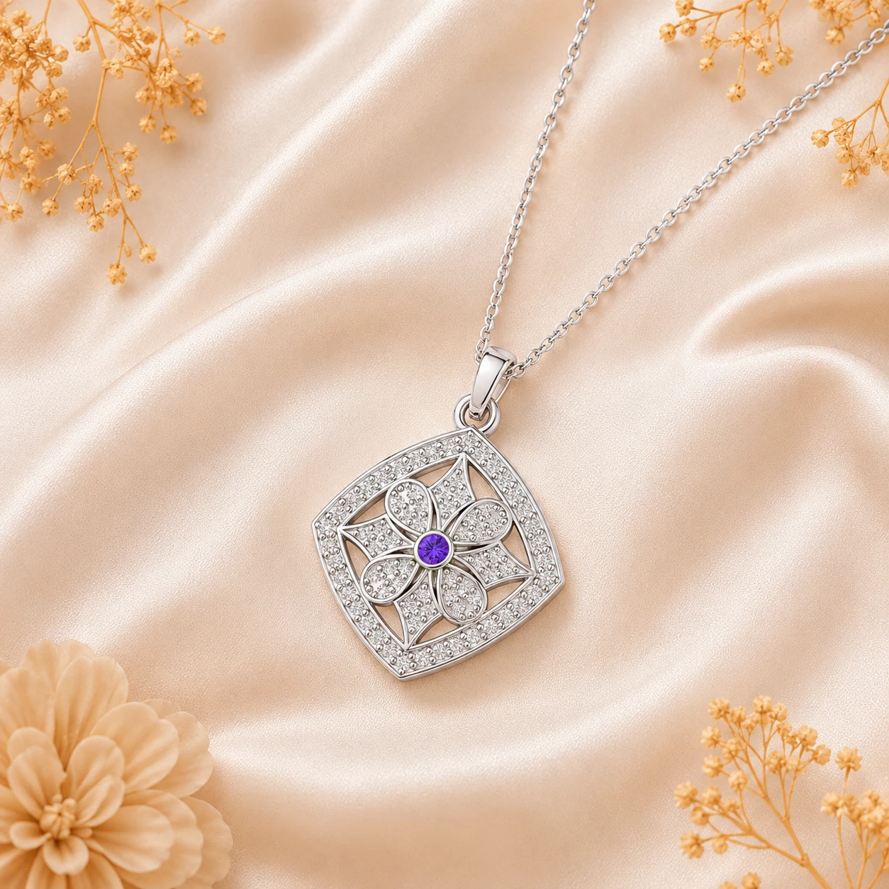 Delicate flower shaped floral pendant in sterling silver centering a round purple amethyst