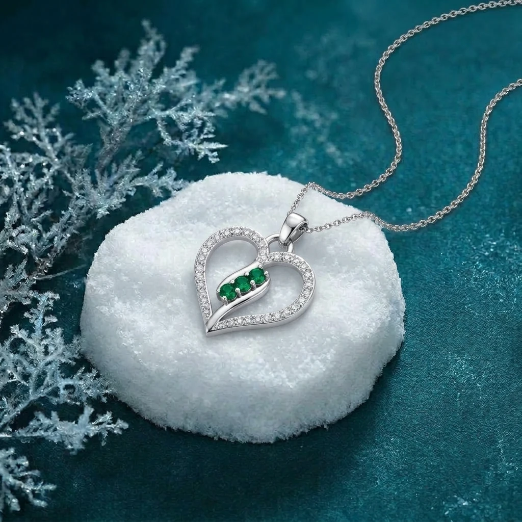 Silver open heart pendant with a diamond halo and three round green emerald stones